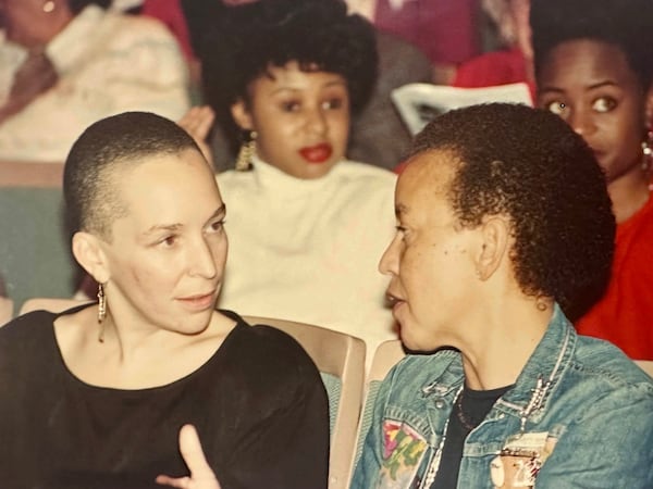 Celebrated poet Nikki Giovanni (right), chats with playwright Pearl Cleage in 1988. Cleage met Giovanni as a 15 year old in Detroit when the poet would visit her father's church. (Courtesy)