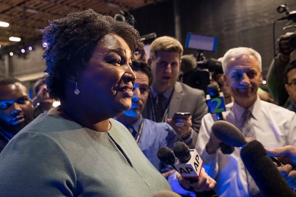 11/20/2019 -- Atlanta, Georgia -- Former Georgia Gubernatorial candidate Stacey Abrams, founder of Fair Fight Georgia, speaks with members of the press before the start of the MSNBC/The Washington Post Democratic Presidential debate at Tyler Perry Studios, Monday, November 20, 2019. (Alyssa Pointer/Atlanta Journal Constitution)