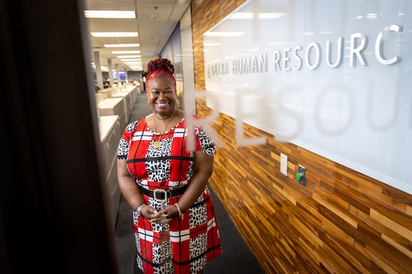 Delta employee Melvina Jones poses for a portrait at the Delta Headquarters in Atlanta on Monday, May 15, 2023. (Arvin Temkar / arvin.temkar@ajc.com)