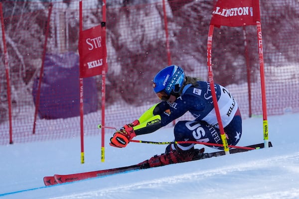 Mikaela Shiffrin, of the United States, competes during a women's World Cup giant slalom skiing race, Saturday, Nov. 30, 2024, in Killington, Vt. (AP Photo/Robert F. Bukaty)