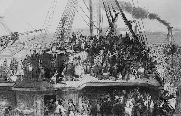 Irish emmigrants sailing to the US during the Great Famine (aka the Irish potato Famine), 1850. Original publication -  Illustrated London News - pub 6th July 1850. (Photo by Illustrated London News/Hulton Archive/Getty Images)