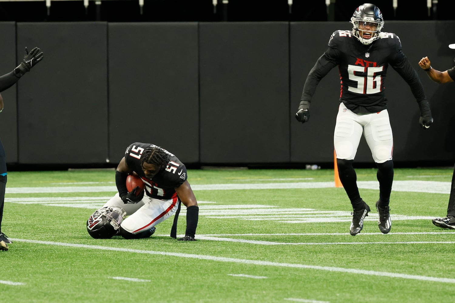 Atlanta Falcons' linebacker Quinton Bell (56) reacts after blocking a kick during the second half of an NFL exhibition game against the Jacksonville, Jaguars on Saturday, August 27, 2022, at the Mercedes-Benz Stadium in Atlanta, Ga.
 Miguel Martinez / miguel.martinezjimenez@ajc.com