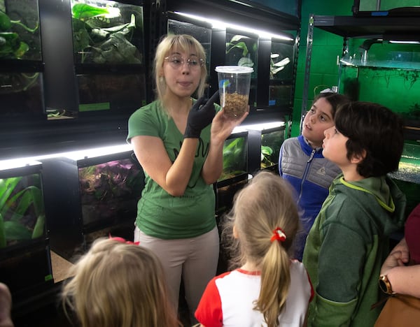 Volunteer Tess Yaney talks about lemur frogs at the Amphibian Foundation during Atlanta Science Festival Saturday, March 9, 2019. STEVE SCHAEFER / SPECIAL TO THE AJC