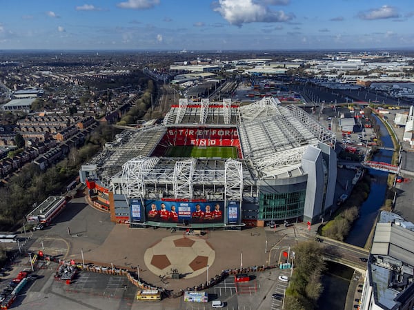 FILE - Aerial photo of the Old Trafford stadium, home of Manchester United, in Manchester, England, March 27, 2023. (Peter Byrne/PA via AP, File)