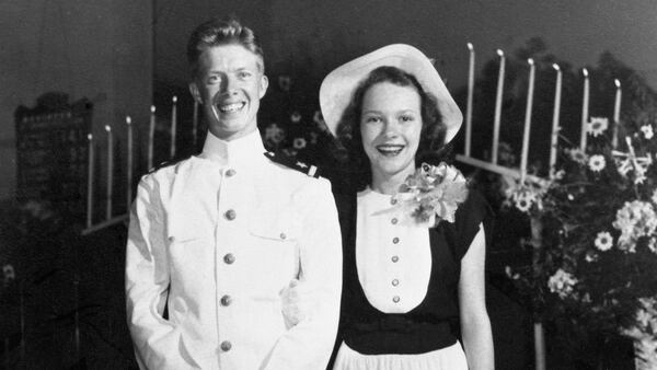 Jimmy and Rosalynn Carter pose on their wedding day, July 7, 1946. The couple, who had both attended Plains High School, met through a mutual friend when Jimmy Carter was serving in the U.S. Naval Academy at Annapolis, Maryland. (Jimmy Carter Library)