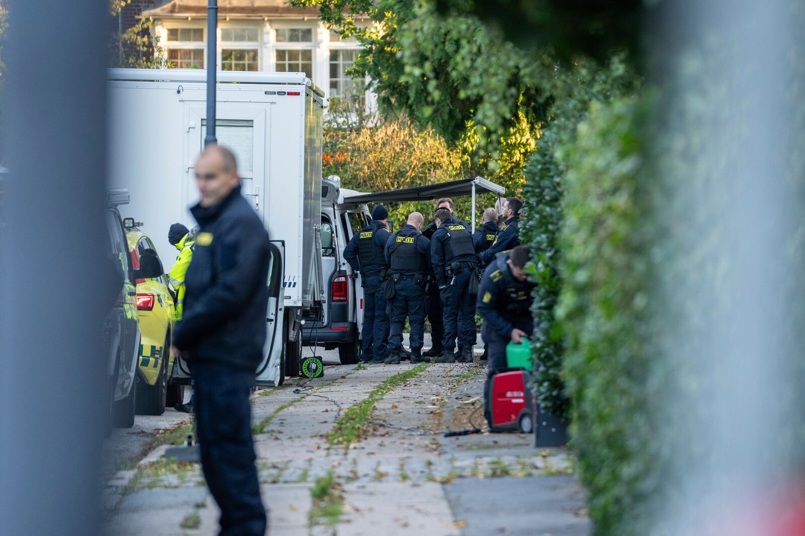 Copenhagen Police investigate two explosions near the Israeli embassy in Copenhagen, Wednesday, Oct. 2, 2024. (Emil Nicolai Helms/Ritzau Scanpix via AP)