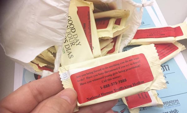 S.O.A.P. (Save Our Adolescents from Prostitution) volunteers will place small bars of soap in the bathrooms of busy commercial areas, such as hotels, ahead of the Super Bowl. Labels on the back provide a hotline number for victims or advocates to call. 