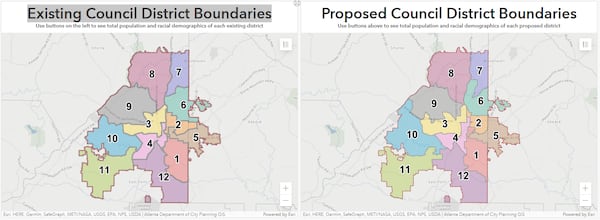 A side-by-side look at the previous Atlanta City Council district boundaries and the new district boundaries. (City of Atlanta)