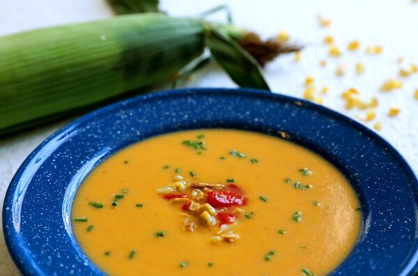 Grilled White Corn Soup with Leeks and Roasted Peppers. (Christian Gooden/St. Louis Post-Dispatch/TNS)