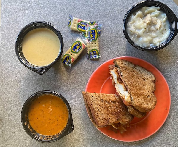 Selections from Gabriel's lunch menu include (clockwise from top left) squash soup, chicken and dumplings, fried chicken club sandwich and tomato-basil soup. Ligaya Figueras / ligaya.figueras@ajc.com