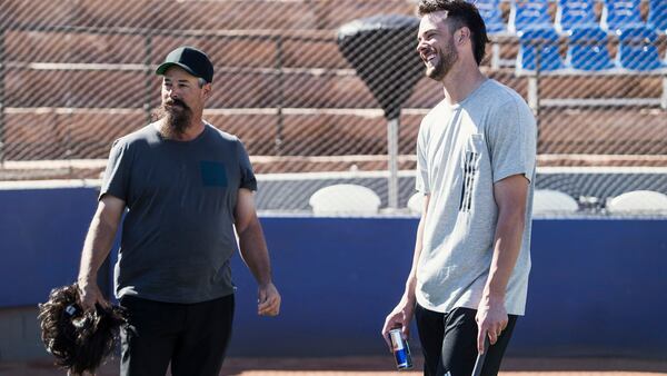 Braves Hall of Fame pitcher Greg Maddux reveals his identity to Cubs slugger Kris Bryant after prank Monday, Feb. 13, 2017, in Las Vegas.