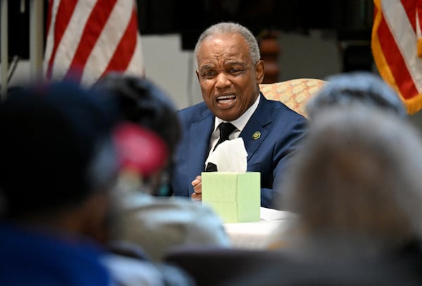 U.S. Rep. David Scott speaks as he sits along with other guest speakers from Social Security, Medicare, Medicaid, Veteran Affairs, Internal Revenue Service, and other government agencies, at Christian City, Thursday, August 10, 2023, in Union City. Christian City, a local nonprofit with a 500-acre campus designed to uplift vulnerable citizens, is hosting a meet and greet with Congressman David Scott, U.S. representative for Georgia’s 13th District. (Hyosub Shin / Hyosub.Shin@ajc.com)