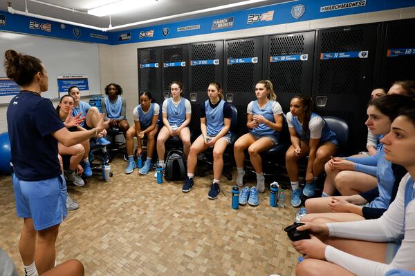 Columbia head coach Megan Griffith talks to her team after practice in Chapel Hill, N.C., Wednesday, March 19, 2025, before their First Four basketball game in the NCAA Tournament against Washington on March 20. (AP Photo/Nell Redmond)