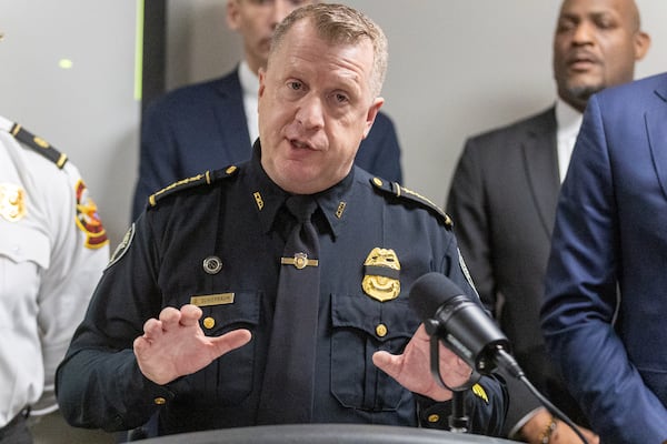 Chief of the Atlanta Police Department Darin Schierbaum talks at a press conference at the Atlanta Police Headquarters about the arrest of John Roberts Mazurek Thursday. February 8, 2024.  (Steve Schaefer/steve.schaefer@ajc.com)