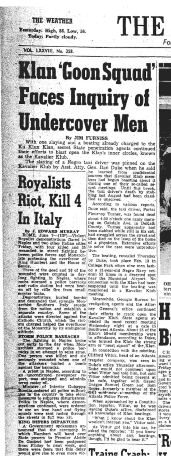 Atlanta Constitution article about the investigation of the 1945 lynching of Porter Turner in DeKalb County.