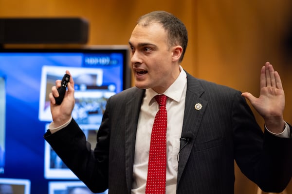 Fulton County Assistant District Attorney Christian Adkins
makes closing arguments during the YSL trial at Fulton County Courthouse in Atlanta on Monday, November 25, 2024. The racketeering trial, the longest in Georgia's history is coming to an end almost a year after opening statements took place.  (Arvin Temkar / AJC)