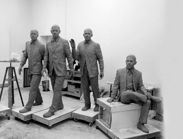 The original clay models of “The Three Pioneers” sculpture, honoring Ralph A. Long Jr., Lawrence Williams and Ford C. Greene, that will be placed in Georgia Tech’s Harrison Square.“The First Graduate,” honoring Ronald Yancey, shows him sitting down. (Courtesy Georgia Tech).