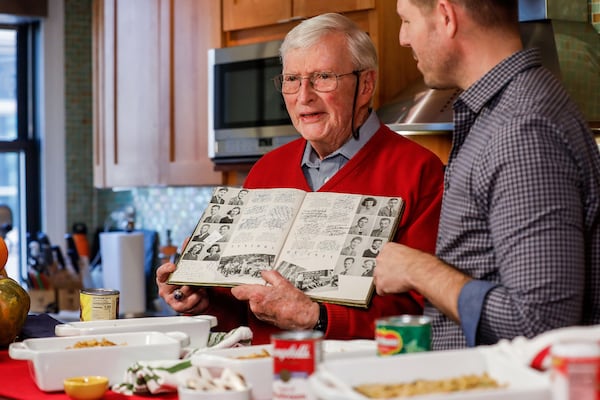 Tom Reilly (left) chats with food writer Chadwick Boyd. Reilly's late wife Dorcas Reilly is credited as the creator of the green bean casserole.
Courtesy of Laura Fuchs