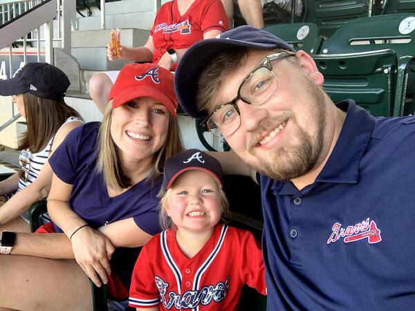 Alex and Chelsea Sosebee and their 3-year-old daughter, Adaline, are all huge Braves fans. Alex Sosebee said his daughter is obsessed with Ronald Acuna. “She is very much a die-hard fan, it’s almost scary,” he said. “She constantly yells, ‘Go Braves!’ and every time she sees pictures of Acuna, she shouts his name.”Contributed