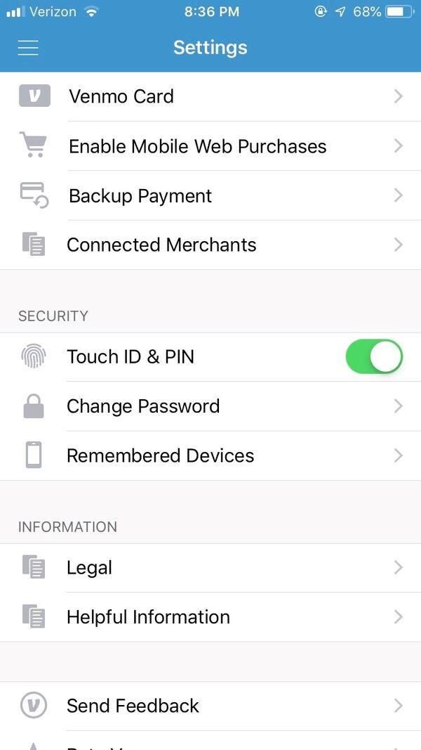 Within Venmo's settings is an option to enable Touch ID and a PIN number to be entered before someone can access the app. (Photo: Venmo)