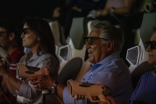 Mario Andretti and his family participate in the Andretti 7D experience at the Andretti Indoor Karting & Games in Buford Wednesday, June 23, 2021. (Alyssa Pointer / Alyssa.Pointer@ajc.com)

