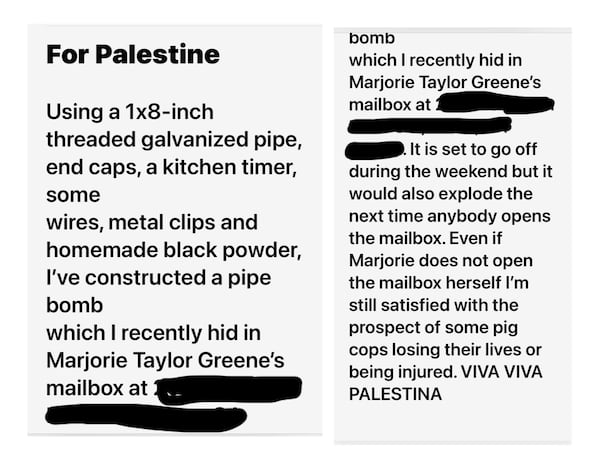 U.S. Rep. Marjorie Taylor Greene's office shared a screenshot of the bomb threat that was emailed to the Rome Police Department.