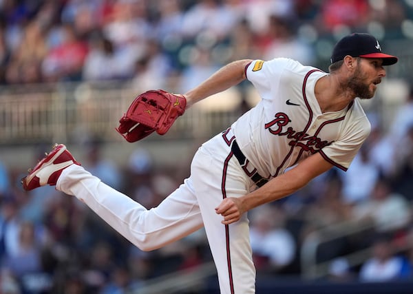 Atlanta Braves starting pitcher Chris Sale delivers in the second inning of a baseball game against the Milwaukee Brewers, Wednesday, Aug. 7, 2024, in Atlanta. (AP Photo/John Bazemore)