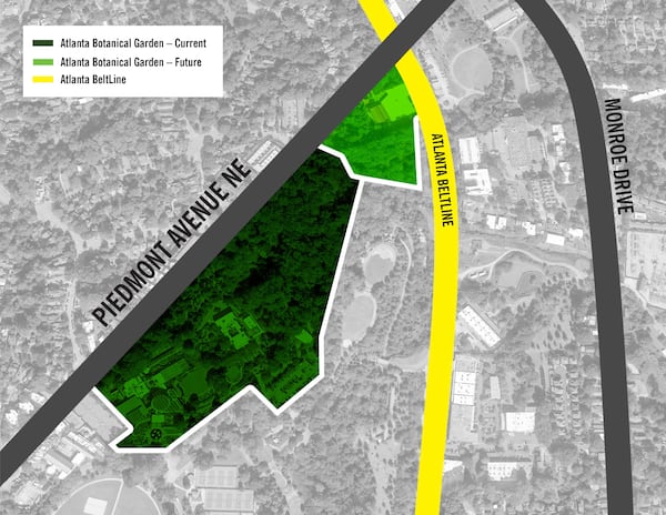 A map shows the new area the Atlanta Botanical Garden plans to add to its acreage. Graphic: Atlanta Botanical Garden