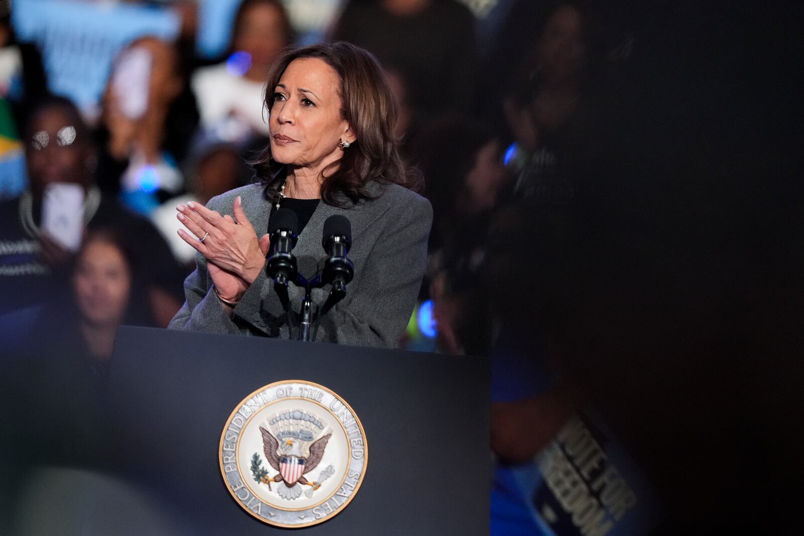 Democratic presidential nominee Vice President Kamala Harris speaks during a campaign event at Lakewood Amphitheatre, Saturday, Oct. 19, 2024, in Atlanta. (AP Photo/Brynn Anderson)