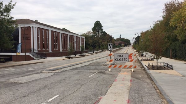 Future bike lanes (right) along Martin Luther King Jr. Drive near the Mercedes-Benz Stadium. (Photo by Bill Torpy)