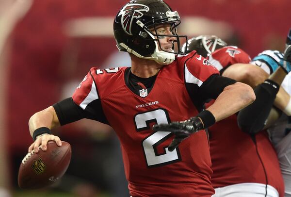 October 2, 2016 Atlanta: Atlanta Falcons quarterback Matt Ryan throws against the Carolina Panthers in the Georgia Dome Sunday October 2, 2016. BRANT SANDERLIN/BSANDERLIN@AJC.COM