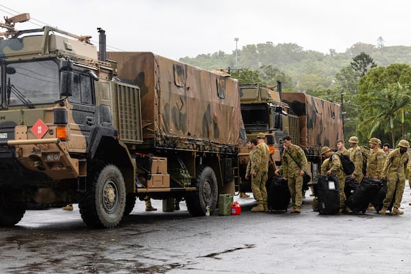 Australian Army soldiers from 8th/9th Battalion arrive in Lismore, Australia, Friday, March 7, 2025 to assist northern New South Wales communities in the wake of Tropical Cyclone Alfred. (WO2 Raymond Vance/Australian Defence Dept. via AP)