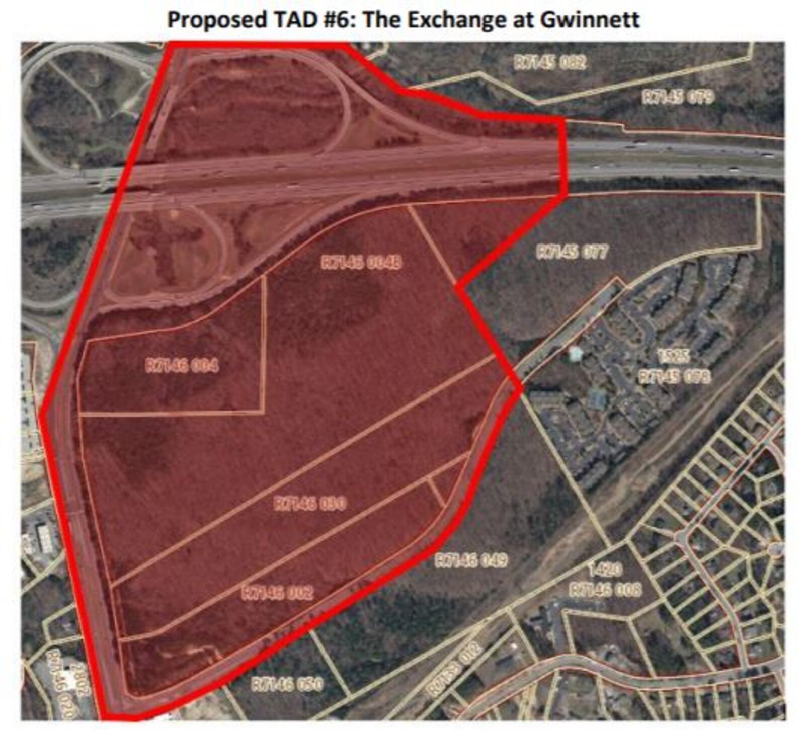 A map of the proposed Exchange at Gwinnett tax allocation district, with I-85 running across the northern border and Ga. 20 to the west.