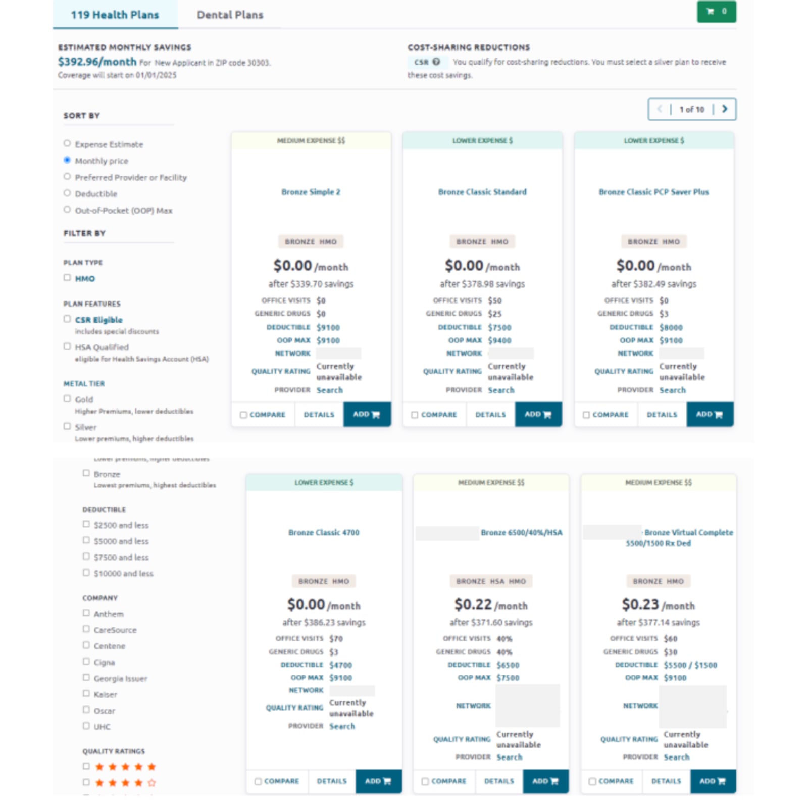 A test run shows the page on the Consumer Portal where Georgians will be able to contrast and compare health plans available to then on the state's new Affordable Care Act (ACA) exchange site, GeorgiaAccess.gov.  The prices and data shown here are fictional.  The site will go live for window shopping on Monday, October 28, 2024.  Open enrollment begins Nov. 1. (Georgia Access Consumer Portal screenshot courtesy of the Georgia Office of the Commissioner of Insurance)