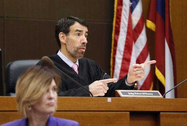 4/16/18 - Atlanta - Fulton County Chief Judge Robert McBurney discusses rebuttal witnesses with attorneys during the Tex McIver murder trial at the Fulton County Courthouse on Thursday, April 12, 2018. Bob Andres bandres@ajc.com