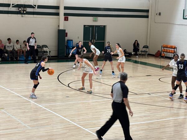 Banks County guard Ansley Moore sets up a play in the 52-33 win at Athens Academy on Feb. 4, 2025.