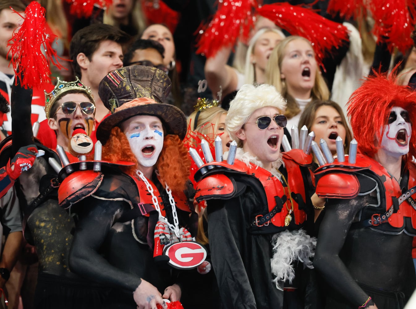 The UGA Spike squad cheers during the College Football Playoff Semifinal between the Georgia Bulldogs and the Ohio State Buckeyes at the Chick-fil-A Peach Bowl In Atlanta on Saturday, Dec. 31, 2022. (Jason Getz / Jason.Getz@ajc.com)