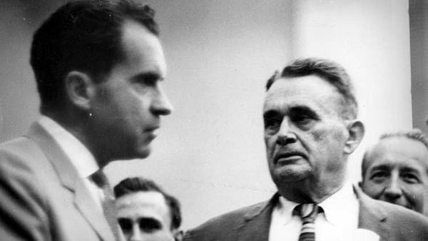 Vice-president of the United States at the time, Richard M. Nixon chats with Ralph McGill in the editorial offices of The Atlanta Constitution in August, AJC File photo 1959