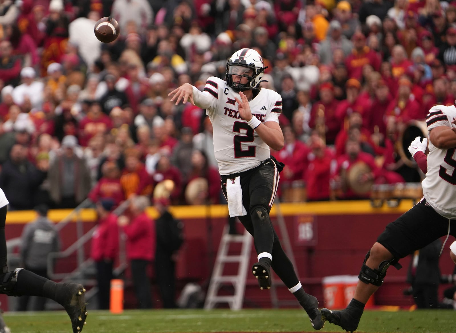 Texas Tech quarterback Behren Morton (2) fires a pass in the first quarter against Iowa State during the first half of an NCAA college football game, Saturday, Nov. 2, 2024, in Ames, Iowa. (AP Photo/Bryon Houlgrave)