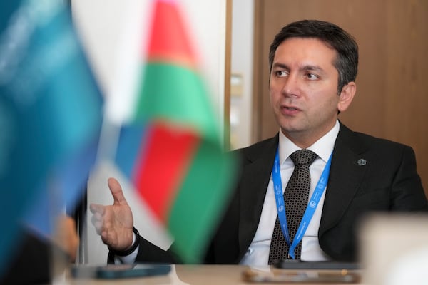 Yalchin Rafiyev, Azerbaijan's COP29 lead negotiator, speaks during an interview with The Associated Press at the COP29 U.N. Climate Summit, Tuesday, Nov. 19, 2024, in Baku, Azerbaijan. (AP Photo/Sergei Grits)