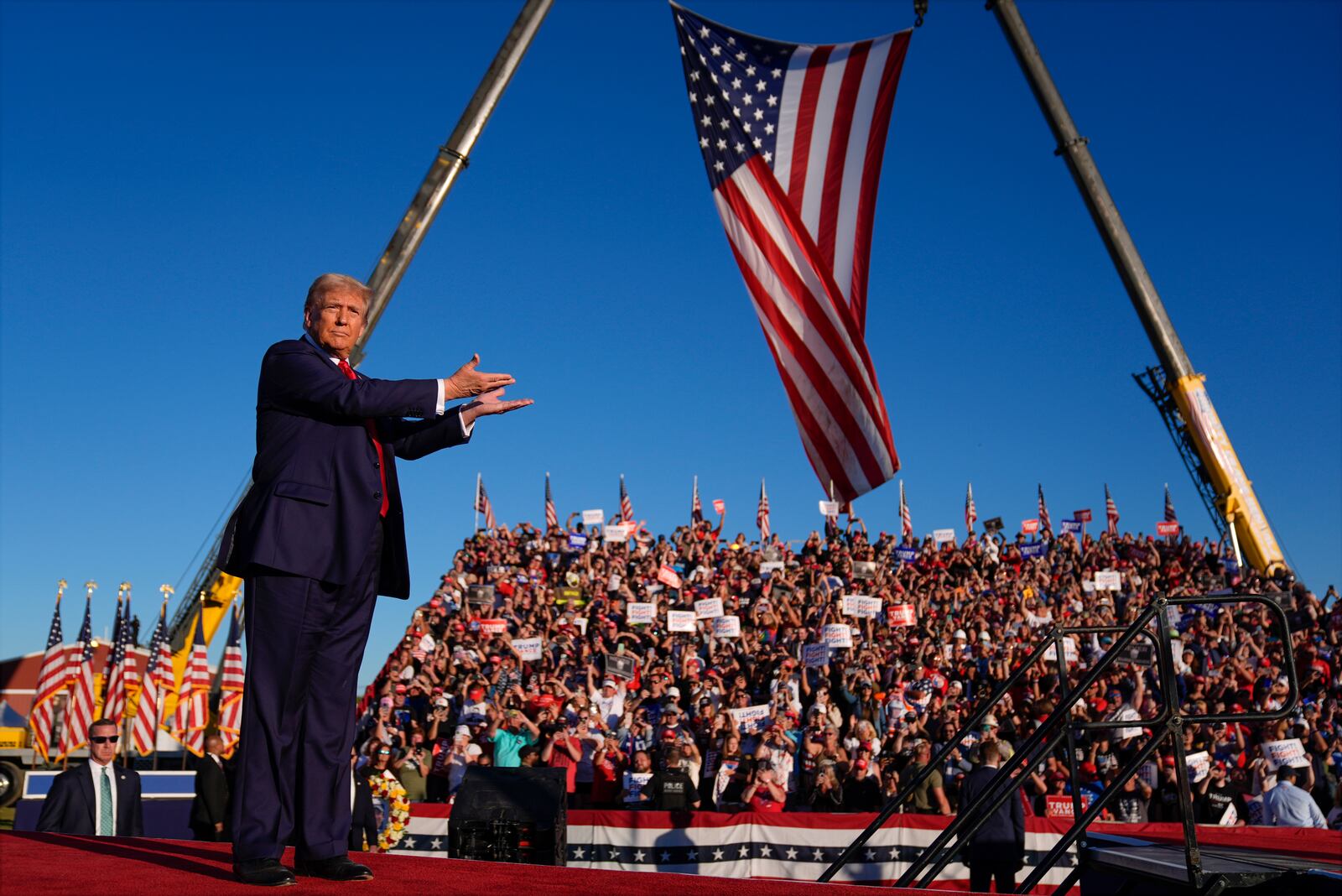 FILE - Republican presidential nominee former President Donald Trump arrives at a campaign rally at the Butler Farm Show, Saturday, Oct. 5, 2024, in Butler, Pa. (AP Photo/Evan Vucci, File)