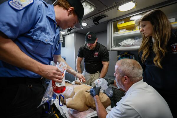 Grady EMS personnel are seen during a training session on implementing blood transfusion inside the Quick Response Vehicle on Thursday, March 7, 2024, at the Grady EMS Headquarters in Atlanta.
Miguel Martinez /miguel.martinezjimenez@ajc.com