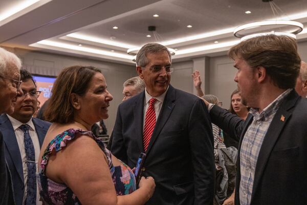 Georgia Secretary of State Brad Raffensperger speaks to attendees at the Politically Georgia event in Savannah on Monday.