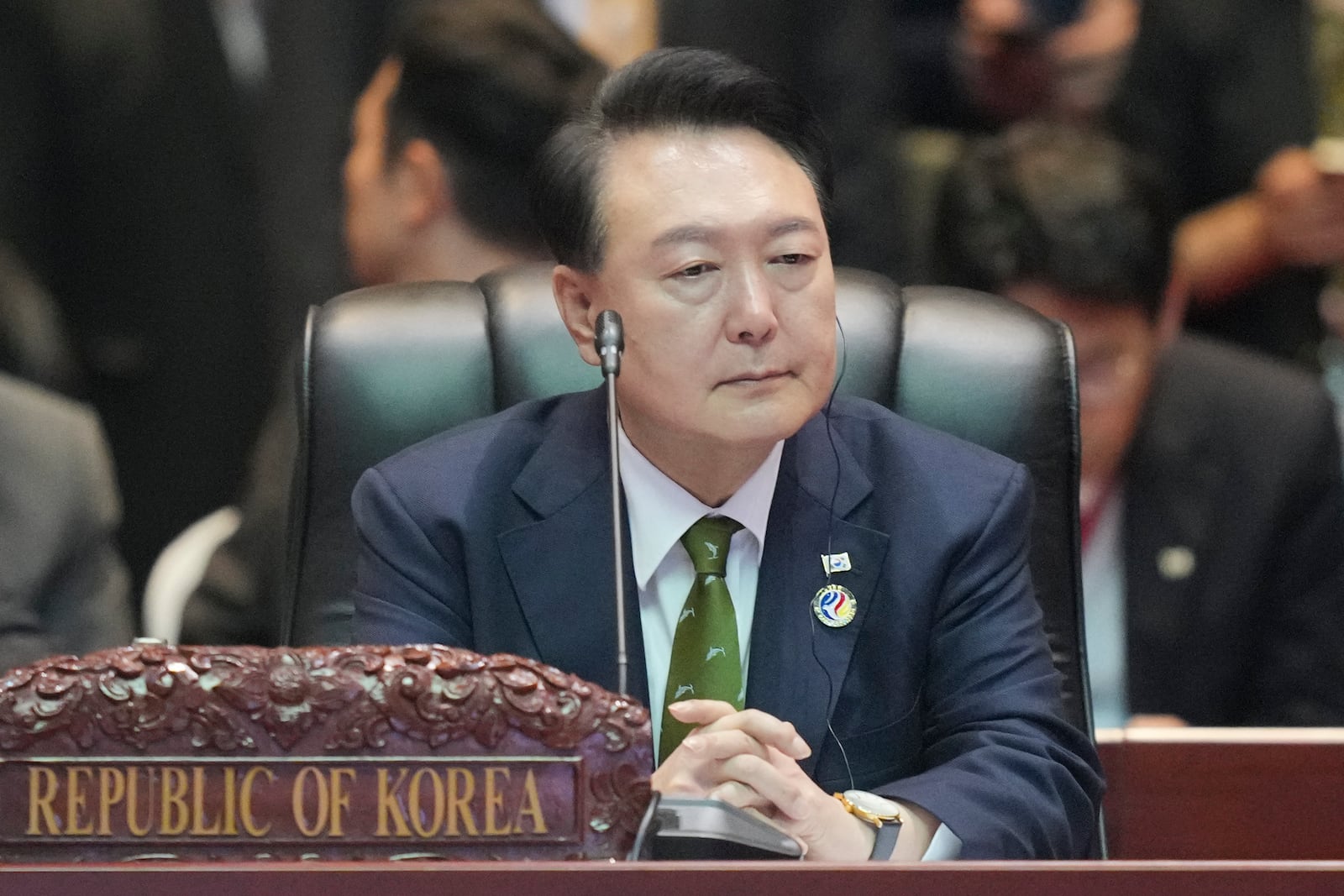 South Korean President Yoon Suk-yeol listens during the 19th East Asia Summit in Vientiane, Laos, Friday, Oct. 11, 2024. (AP Photo/Dita Alangkara)