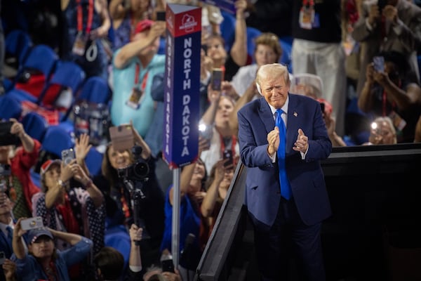 Former President Donald Trump is cheered by supporters at the Republican National Convention in Milwaukee.