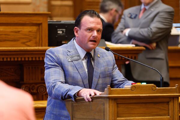 Sen. Clint Dixon, R-Gwinnett, speaks in favor of House Bill 1104 on Day 39 of the legislative session at the Georgia State Capitol on Tuesday, March 26, 2024. The original bill, sponsored by Rep. Omari Crawford, D-Decatur, focused on mental health services for student athletes, but was amended with language from other bills involving gender and sex education. (Natrice Miller/ natrice.miller@ajc.com)