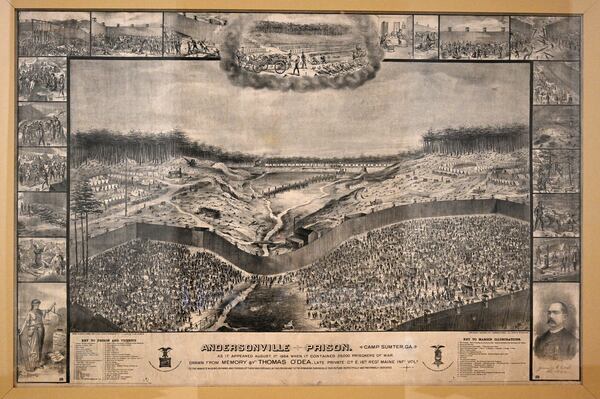 On display in the National Prisoner of War Museum in southwest Georgia is a large, detailed map of Camp Sumter. Irish immigrant Thomas O’Dea, a Union soldier who survived being held as a prisoner in the stockade when he was just 16, created the map from memory, according to the Fifth Maine Museum on Peaks Island, where a copy of the lithograph is also on display. (Hyosub Shin / Hyosub.Shin@ajc.com)