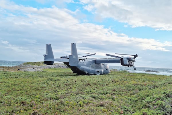 A Boeing V-22 Osprey is seen on Aug. 13, 2022, in Senja, Norway, after an emergency landing due to a clutch issue. (Norwegian Armed Forces via AP)