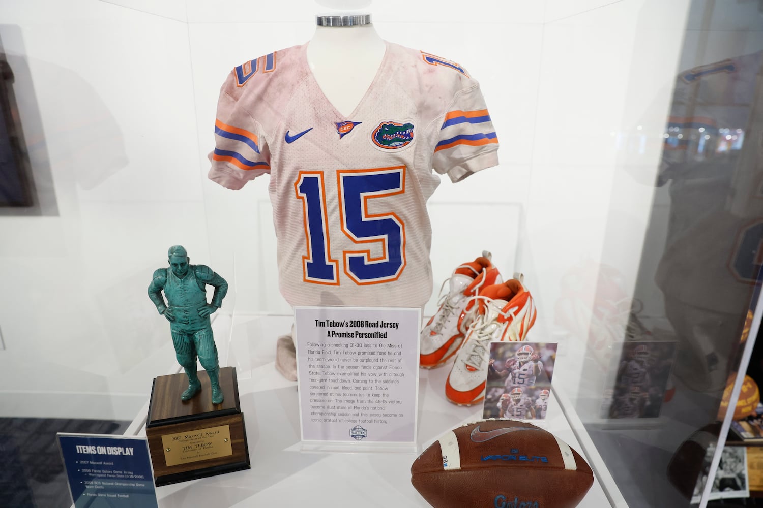 The famous bloody jersey of Florida quarterback Tim Tebow on display at the College Football Hall of Fame of a limited-run locker installation honoring the 22 members of the 2023 Hall of Fame class on Thursday, Sept. 28, 2023, in Atlanta.
Miguel Martinez /miguel.martinezjimenez@ajc.com