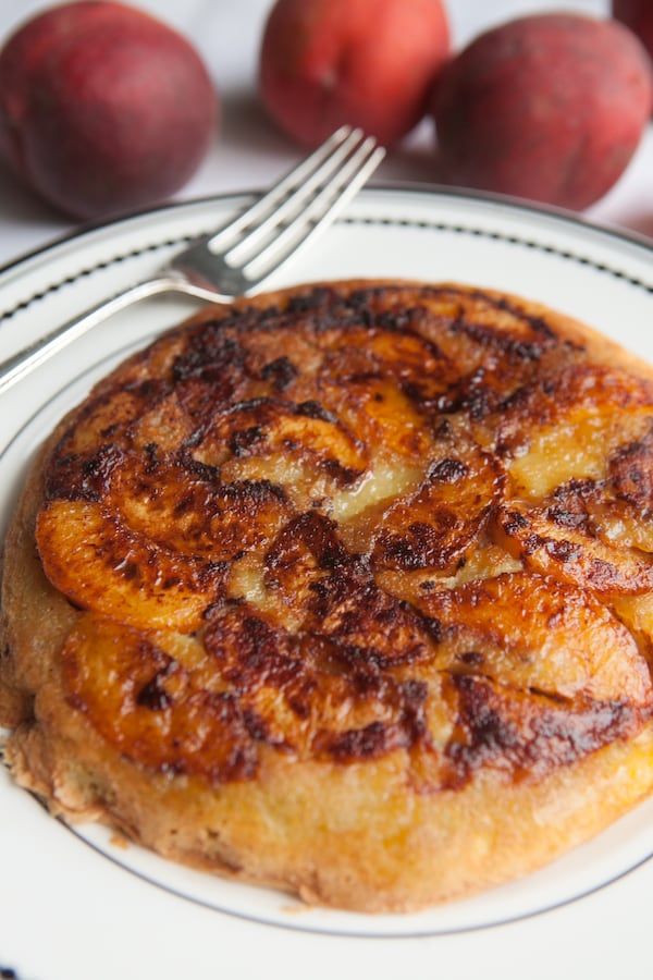 Puffed Peach Omelet makes for an elegant brunch dish. Styling by Wendell Brock. You could dust with confectioners’ sugar, cut into wedges and enjoy. Photo: Renee Brock/Special